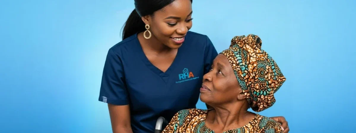 A caregiver caring for a female elderly woman